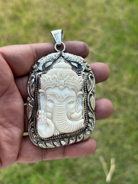 Hand-Carved Buffalo Bone Ganesha Pendant | Silver Overlay Hindu Jewelry
