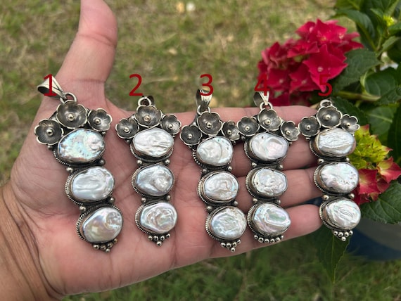 Natural Pearl Tibetan Silver Pendant, Handmade Boho Pearl Necklace Charm, Vintage Style Artisan Jewelry, Ethnic Designs
