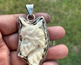 Hand-Carved Buffalo Bone Wolf Pendant | Silver Overlay Tribal Necklace
