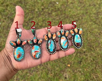 Spiny Oyster Turquoise Tibetan Silver Pendant, Boho Statement Necklace Charm, Ethnic Gemstone Jewelry