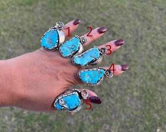 Natural Turquoise Statement Ring, Adjustable Tibetan Silver, Boho Tribal Style