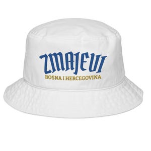 May include: White bucket hat with the word "ZMAJEVI" in blue, and "BOSNA I HERCEGOVINA" in gold. The hat is made of a soft material and has a wide brim.