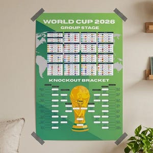 May include: A green poster for the World Cup 2026, featuring a bracket design and a gold trophy graphic. Text on the poster reads "WORLD CUP 2026 GROUP STAGE KNOCKOUT BRACKET". The poster is attached to a wall with tape.