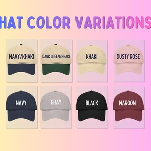 a collection of nine different colored baseball caps, each with a unique color variation. The caps are arranged in a grid format, with three caps in each row and three caps in each column. The caps are labeled with their respective color variations, such as Navy/Kaki, Dark Green/Kaki, Khaki, Dusty Rose, Navy, Gray, Black, and Maroon.