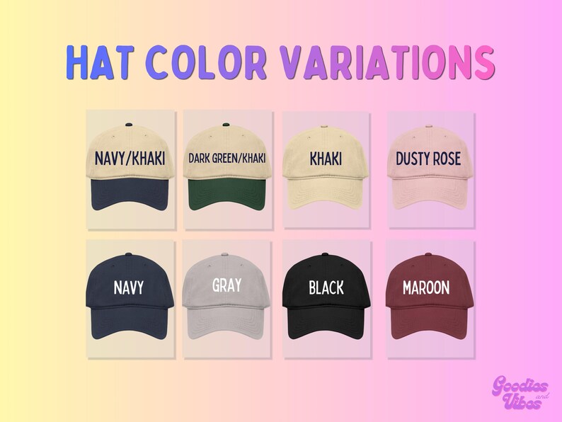 a collection of nine different colored baseball caps, each with a unique color variation. The caps are arranged in a grid format, with three caps in each row and three caps in each column. The caps are labeled with their respective color variations, such as Navy/Kaki, Dark Green/Kaki, Khaki, Dusty Rose, Navy, Gray, Black, and Maroon.