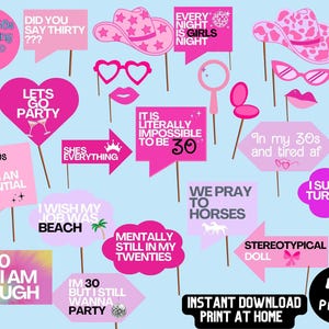 Pink 30th Birthday Party Props Decorations, Photo Booth Props, Printable Birthday Party Decor Straws, Instant Download, Last Minute DIY