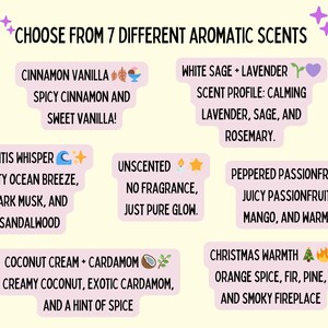 a selection of seven different aromatic scents, each represented by a unique icon or symbol. The scents include cinnamon vanilla, white sage, lavender, pineapple, rosemary, Atlantic whistle, salty ocean breeze, unscented, pepper, passionfruit, mango, and a hint of spice.