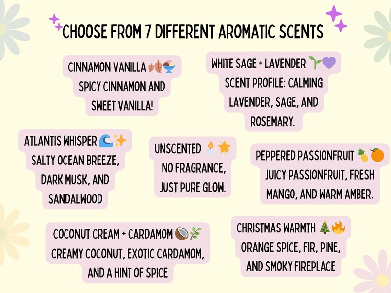 a selection of seven different aromatic scents, each represented by a unique icon or symbol. The scents include cinnamon vanilla, white sage, lavender, pineapple, rosemary, Atlantic whistle, salty ocean breeze, unscented, pepper, passionfruit, mango, and a hint of spice.