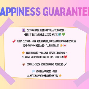 The image is a colorful and visually appealing advertisement for a company that offers happiness guarantee services. It features a pink and yellow background with text and icons, including a heart symbol, a message, and a double-check button. The text highlights the company's commitment to customer satisfaction and their focus on providing a personalized and efficient shipping experience.