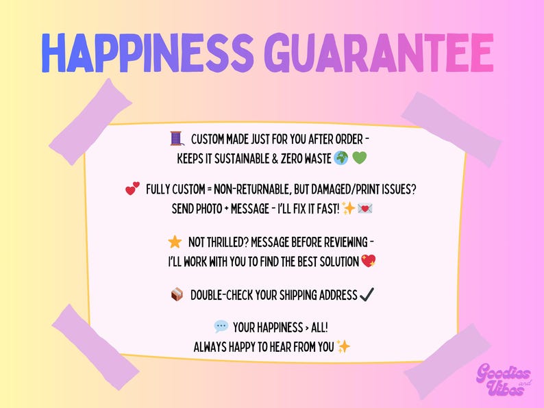 The image is a colorful and visually appealing advertisement for a company that offers happiness guarantee services. It features a pink and yellow background with text and icons, including a heart symbol, a message, and a double-check button. The text highlights the company's commitment to customer satisfaction and their focus on providing a personalized and efficient shipping experience.