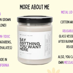 The image is a promotional graphic for a soy wax candle, highlighting its vegan, 100% American grown, soy wax blend, and natural ingredients. It also mentions that the glass vessel can be cleaned after burning the candle and reused as decor, and that the candle is made in California.