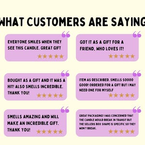 six positive customer reviews, each highlighting a different aspect of the candle that they appreciate. The reviews include comments about the candle's smell, its quality, and its overall impact as a gift. The reviews are organized in a grid format, with each review occupying a separate box. The text in the reviews is clear and concise, focusing on the specific features of the candle that customers find appealing.