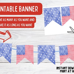 4th of July Party Bunting Banner Printable, Flag Patriotic Decorations, Instant Download Last Minute DIY, Independence Day USA, Digital File
