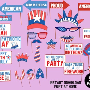 4th of July Photo Booth Props, Printable Instant Download Last Minute, DIY Party props kit, Independence Day, America USA, Digital File PDF