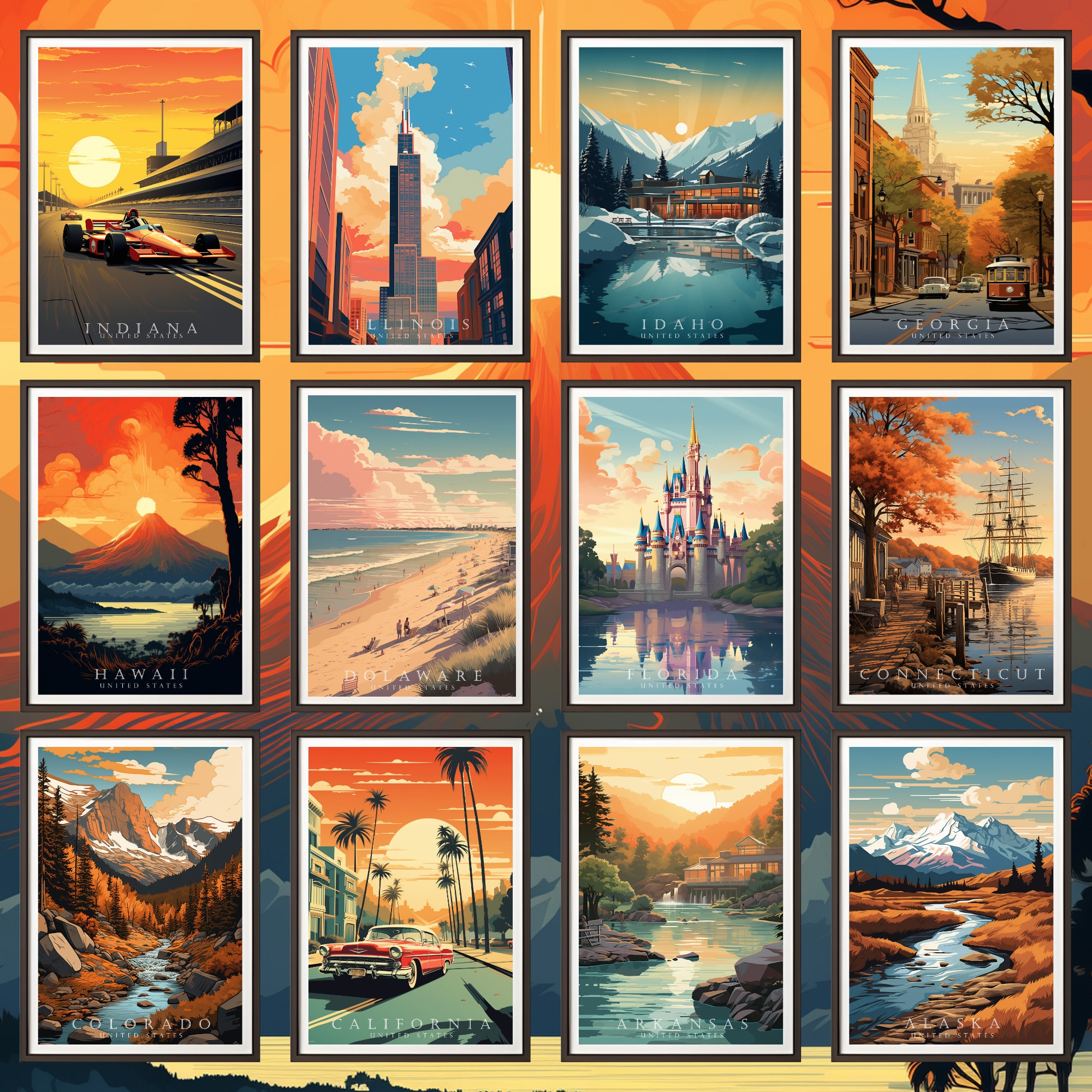 50 U.S. States Collection Vintage Print, Digital Posters, Travel Prints ...