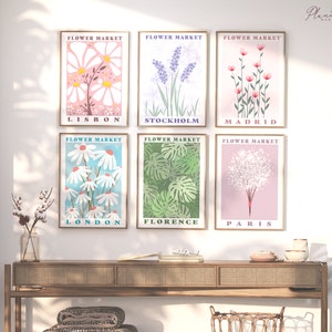 Set of 9 Flower Market Print Art, Botanical Wall Art, Floral Decor Posters, Paris, London, Tokyo, Honolulu, Wall Art Set, Digital Download