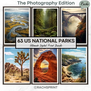 63 US National Park Prints, USA Parks Digital Posters, National Park Poster, National Park Photograph Style, United States Printable