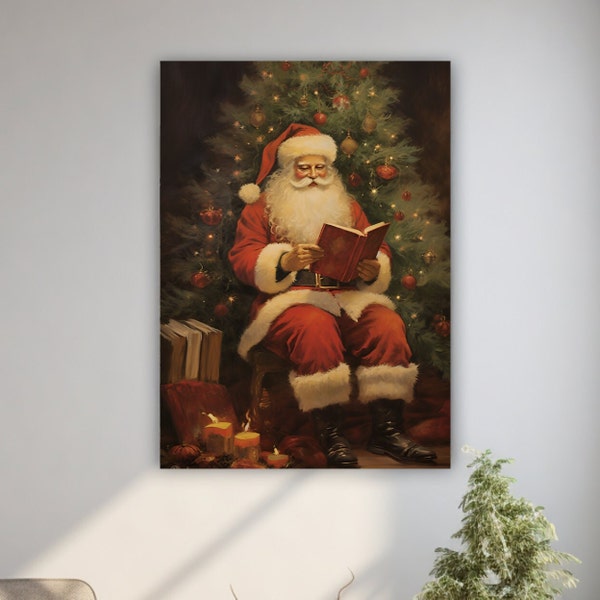 Rustique Noël Mur Art Père Noël Lecture Livre Imprimable, Peinture à l’huile Père Noël, Décor d’hiver Academia Décor de Noël Cadeau Impression d’hiver