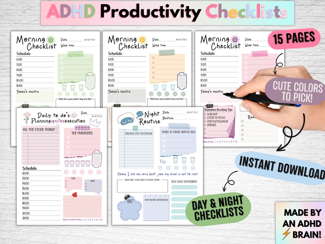 ADHD Daily Checklist Planner, Adult Printable ADHD Workbook, Daily ...