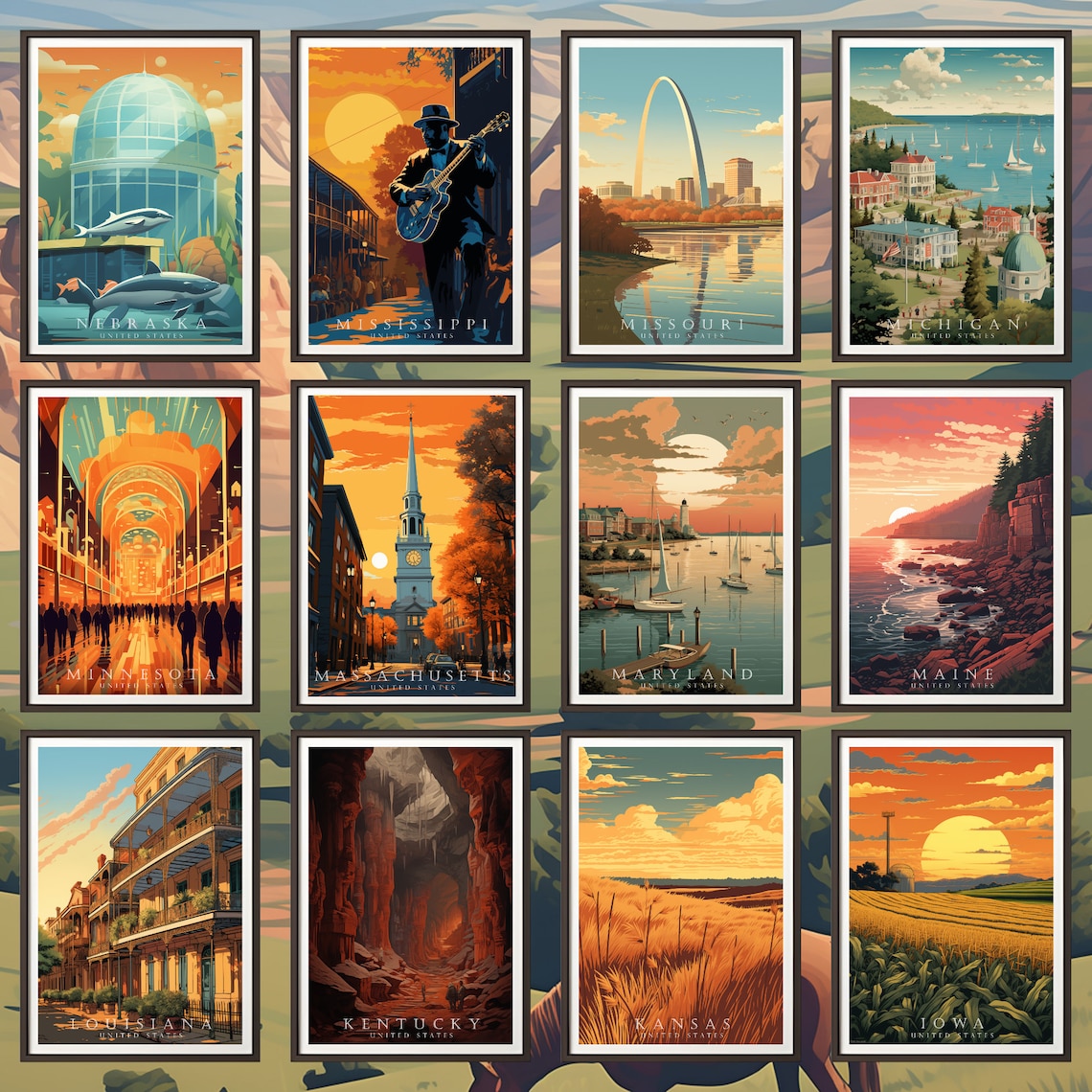 50 U.S. States Collection Vintage Print, Digital Posters, Travel Prints ...
