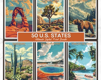 May include: A collage of six vintage-style travel posters featuring iconic landmarks and scenery from different US states. The posters are arranged in a grid with the text "50 U.S. STATES Ultimate Digital Print Bundle" in the center.
