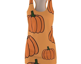 May include: Orange tank dress with a repeating pattern of cartoon pumpkins. The pumpkins are orange with green stalks and are outlined in black. The dress has a racerback design.