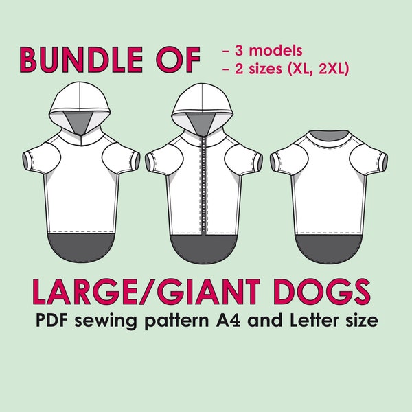 Chiens Géants Bundle Vêtements Patron de Couture Numérique Pdf, Grand Chien T-shirt Pdf, Chien Hoodie Pdf, Boxer/Bulldog/Cane Corso/Great Dane Vêtements Pdf