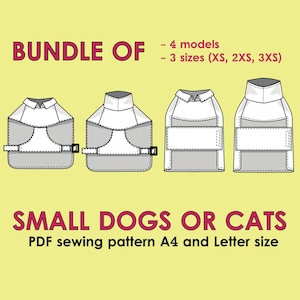 Peut inclure: Illustration de quatre modèles de harnais pour petits chiens ou chats. Les harnais sont gris et blancs, avec un col et une boucle. Le texte indique "BUNDLE OF" et "SMALL DOGS OR CATS", ainsi que des informations sur les tailles et les patrons.