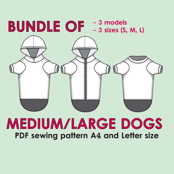 Dogs Clothes Sewing Pattern Pdf, Medium Dog T-shirt Sewing, Large Dog Top Pdf, Dog Hoodie Clothes Sewing Ppd, Size S/ M/ L, Bundle of Models