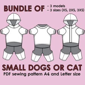 Patrón de costura para pijama de perro pequeño y gato, 3 estilos, 3 tallas (descarga en PDF)