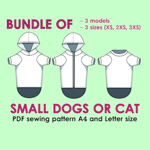 Mini Dogs Clothes Sewing Pattern Pdf, Cat T-shirt Sewing, Chihuahua Sewing, Jack Russel Clothes Sewing Pattern, Small Dog Hoodie Pdf, 3 size