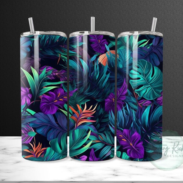 Jewel-toned Jungle Tumbler Continuous Wrap PNG Sublimation Design, Instant Download 20 oz Skinny Straight