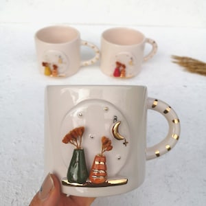 Handgemachte Keramik Kaffeebecher: Boho Blumenmuster mit 24K Gold Tasse