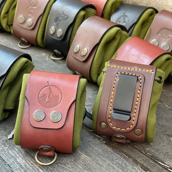 Nature bag, foldable, foraging belt pouch, Bushcraft Foraging Belt Pouch, Figured Leather & Canvas, Mushroom Gathering Bag