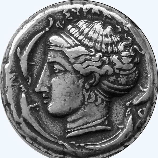 Arethusa and Quadriga with Nike Above, Patron Nymph of Syracuse, Famous Greek mythology Coin.