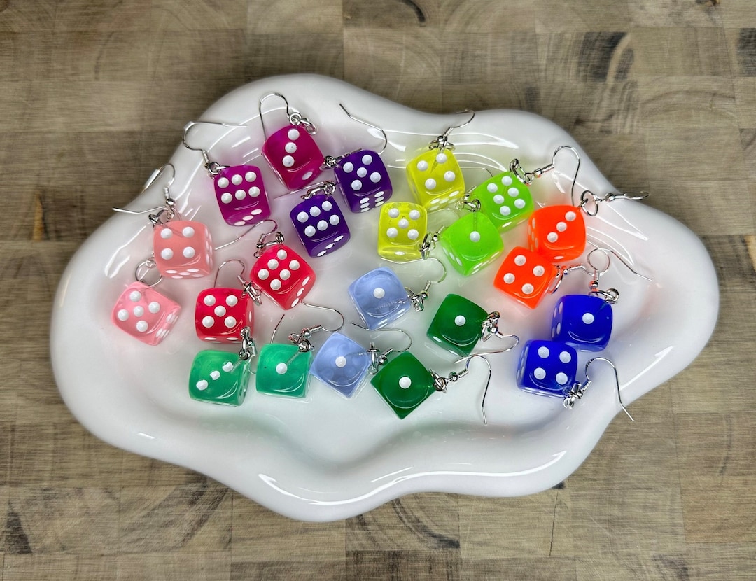 White & Black Dice Dangle Earrings – Casino Night Style – 1.5" Long Plastic Cube Studs