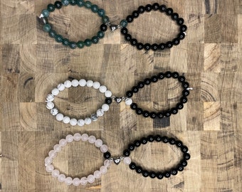 Magnetic charm crystal couple/friendship bracelets! |Rose quartz, Howlite, Onyx, Moss agate|