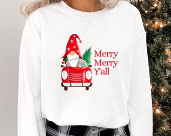 Christmas Sweatshirt, Merry Merry Y'all Sweatshirt, Gnome Sweatshirt, Friends Sweatshirt, Unisex Heavy Blend Crewneck Sweatshirt