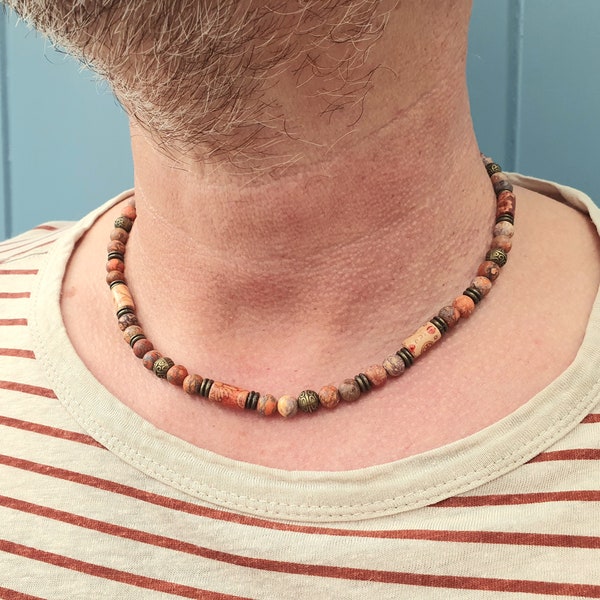 Herenketting met oranje kralen in vintage stijl - Summer Festival Vibes