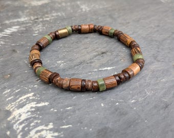 Men's Brown Natural Wood & Green Jasper Bead Bracelet  - Rustic Surf Style
