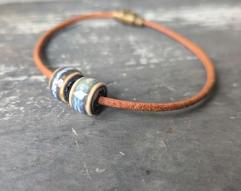 Men&#39;s Blue Porcelain Leather Bracelet | Simple Boho Elegance