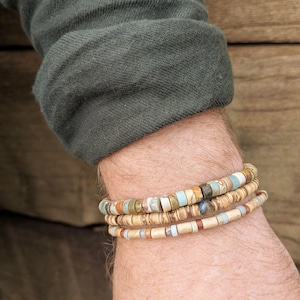 Men's Blue & Wood Surf Style, Beaded Bracelet Set | Boho Festival Vibe