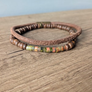 Men's Textured Brown Leather and Green Jasper Bead Bracelet Set - Natural Rugged Style