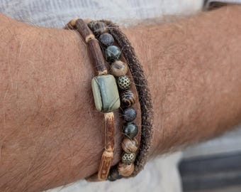 Men's Green Bead, Wood  & Brown Leather Bracelet Set | Vintage Boho Style