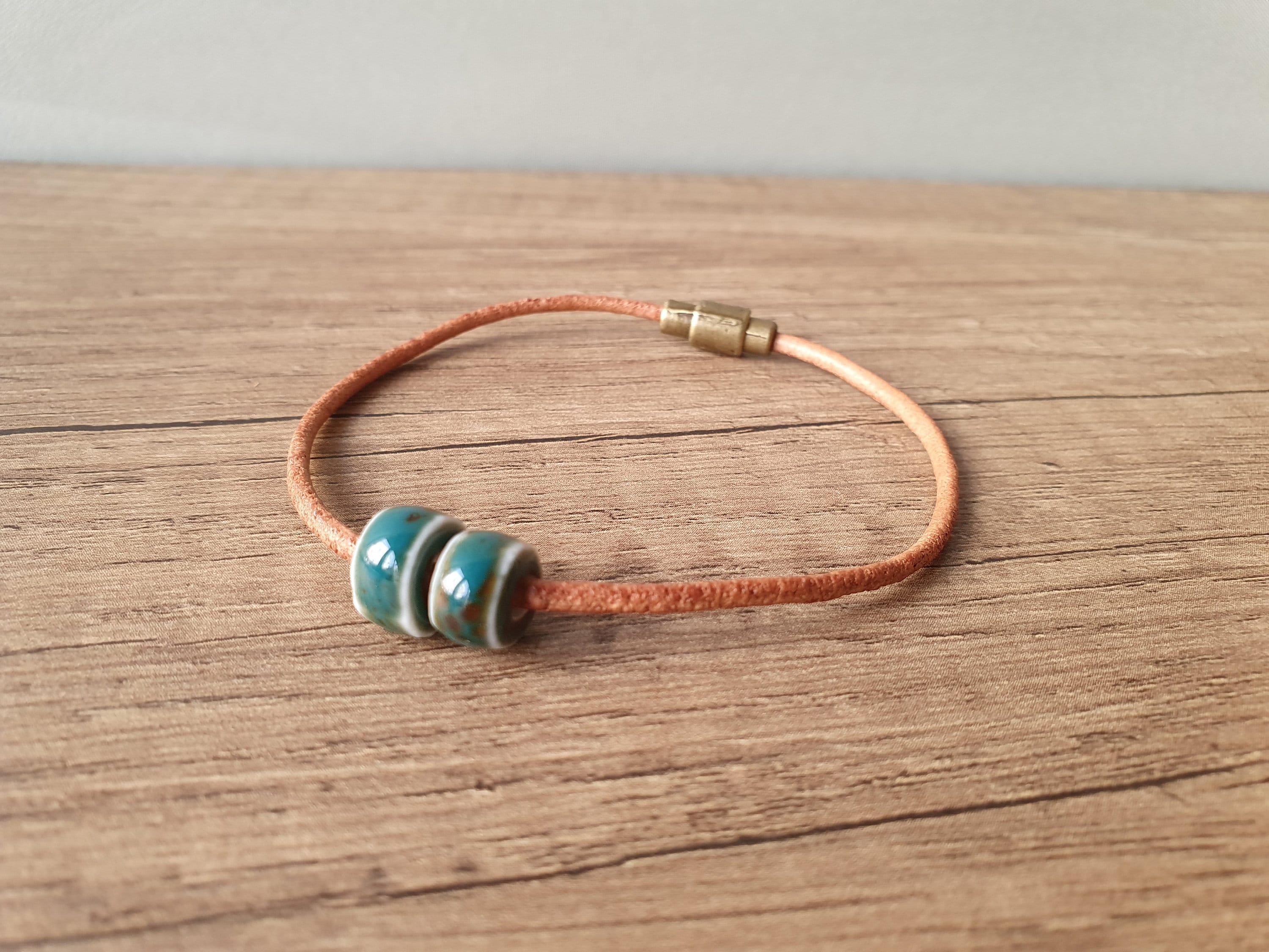 Men's Sea Green Porcelain & Leather Bracelet | Simple Boho Chic