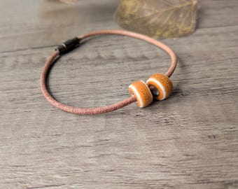 Men's Rustic, Vintage Orange Porcelain  & Tan Leather Bracelet - Minimalist Boho Jewellery