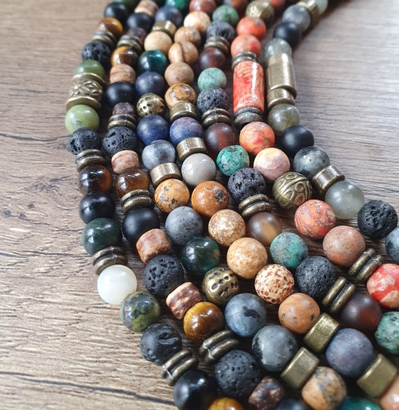 Men's Cream Porcelain and Natural Stone Beaded Necklace Retro - Main Image