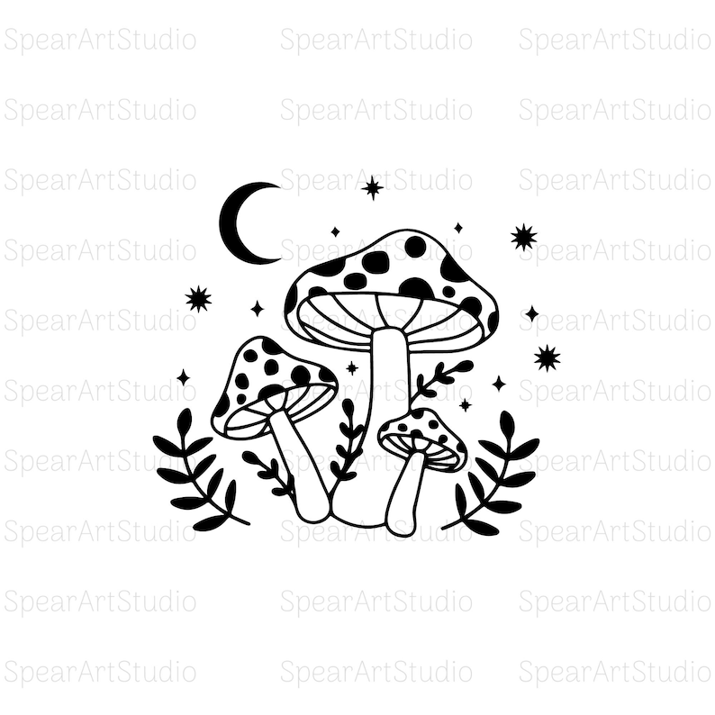 May include: Black and white illustration of three mushrooms with white spots under a crescent moon and stars. The mushrooms are surrounded by leaves.
