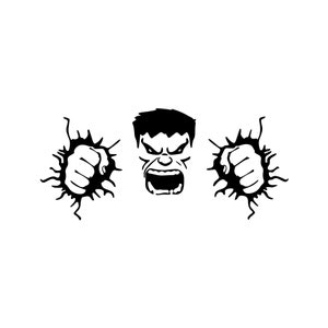May include: Black and white illustration of a superhero's face with a fierce expression, breaking through a wall with his fists.