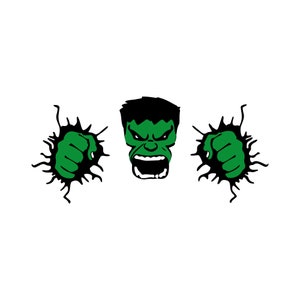 May include: Green Hulk character with black hair and a green fist bursting through a black and white background.